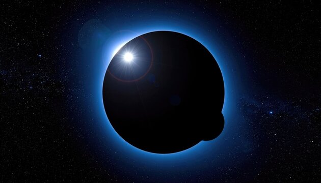 A celestial scene depicts a planetary object obscuring a radiant sun, showcasing a stunning coronal halo within a stellar expanse