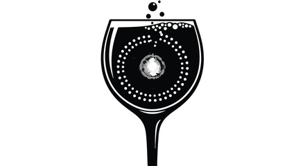 A stylized wine glass shows effervescence and swirling dots within the dark liquid, representing sophisticated beverage enjoyment.