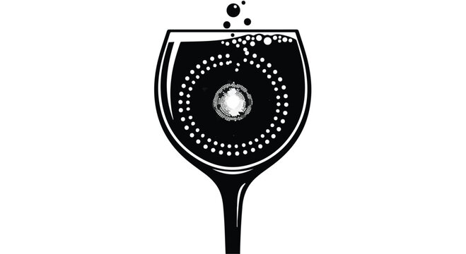 A stylized wine glass shows effervescence and swirling dots within the dark liquid, representing sophisticated beverage enjoyment.
