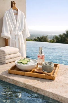 Ultra-realistic 2:3 poolside spa ritual. White robe on wooden stand, stacked towels. Bamboo tray with ice bowl, cucumber, rosewater mist, and clay mask. Infinity pool edge, morning light, wellness out