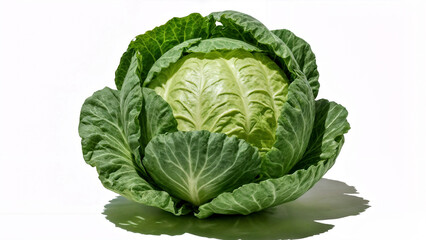 Obraz premium Fresh green cabbage sits on a plain white surface under natural light with clear details of leaves and texture