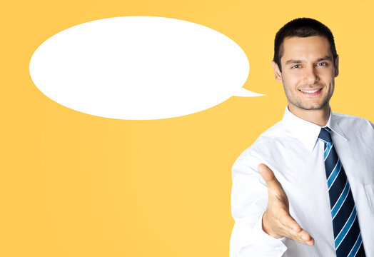 Businessman man wear formal shirt, necktie tie, give hand for handshake, isolated yellow background. Success in business, welcome ad concept. White empty mockup speech bubble speechbubble cloud ballon
