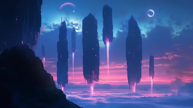 Abstract illustration of towering monoliths rising from a vaporous landscape