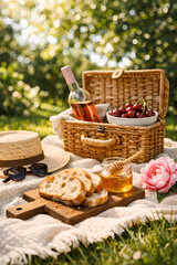 Fototapeta premium Ultra-realistic 2:3 garden picnic. Low angle on a cream blanket with wicker basket, rosé, cherries, and sourdough. Straw hat, sunglasses, and peony scattered around. Dappled sunlight, summer hosting a