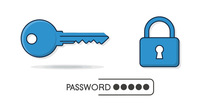 Blue key and padlock icon security.