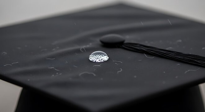 Graduation ceremony features a mortarboard decorated with a silver coin and a black tassel.