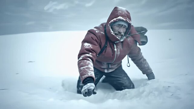 Winter season adventure exploration. A closeup portrait of a man, captured in a moody, atmospheric style. He wears a red jacket with a hood covered in snow, indicating cold weather.
