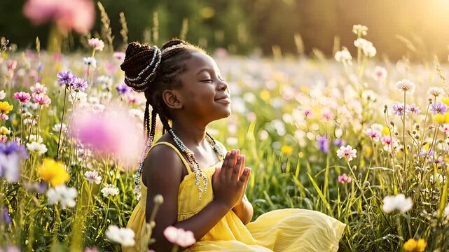 Calm young girl meditating in sunlit flower field, peaceful prayer moment, mindfulness and serenity concept