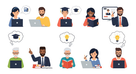 Fototapeta premium Diverse E-learning Students and Teachers Set. Online Education Concept with People Using Laptops, Reading, Mentorship, and Remote Training Illustration.