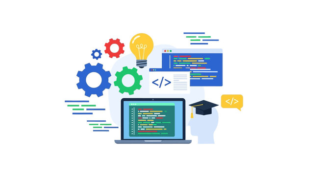 Programming and Software Development Education Concept. Digital Learning, Coding School, Engineering Process, Innovation, and Web Development Flat Design.