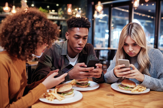 Three diverse teenagers ignoring each other while looking at smartphones in a restaurant