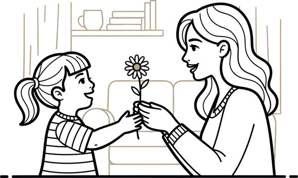 Young happy child giving a beautiful single daisy flower to her smiling loving mother as a heartfelt gift in a tender moment showing affection, appreciation, and unconditional family love.