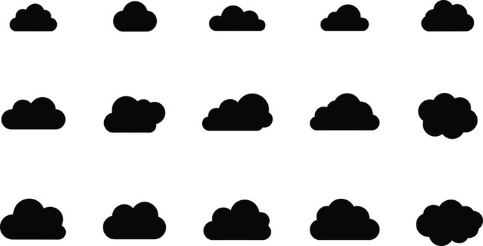 Cloud silhouettes collection, black sky cloud shapes set isolated vector illustration for weather icons design elements clipart minimalist bundle