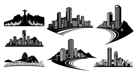 Obraz premium Cityscape Silhouettes: Diverse Urban Skylines and Mountain Backdrops