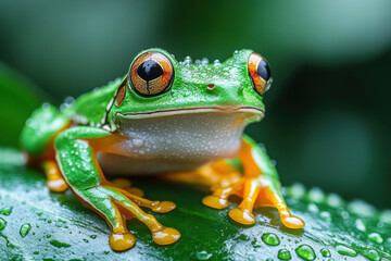 Fototapeta premium Red-eyed frog perched on leaf.