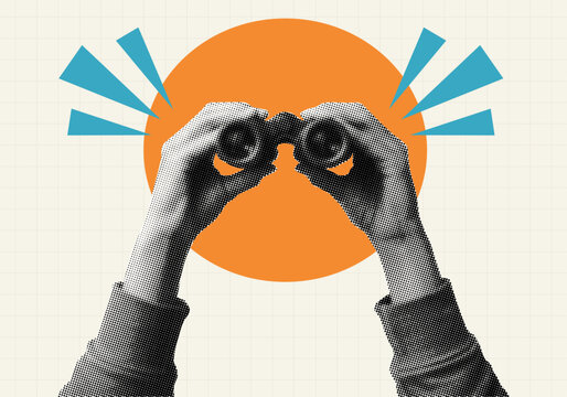 two hands holding binoculars concept pop art collage searching observing focus attention retro cut-out dotted halftone elements light beige background