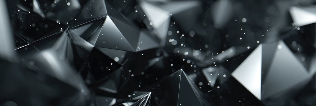 A close-up shot of a modern, geometric background featuring reflective, crystalline shapes with a bokeh effect, rendered in shades of grey