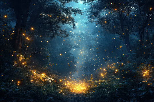 Fireflies lighting up a forest at night.