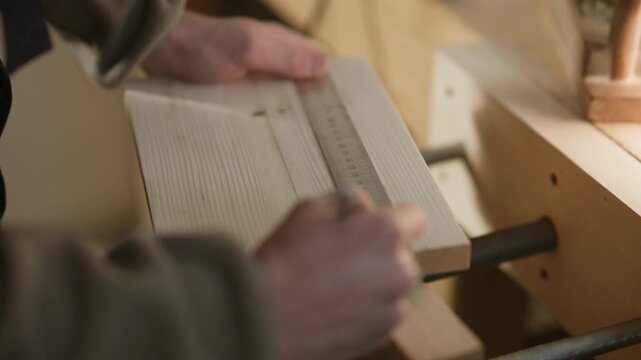 A person's hands meticulously measure a wooden plank using a ruler and pencil. This scene effectively captures precise woodworking.