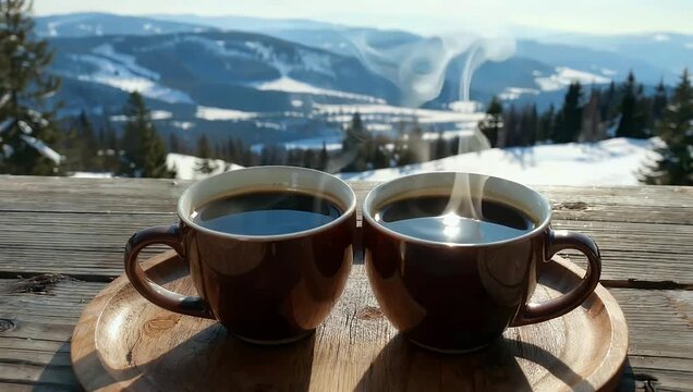 Cozy 4K winter scene of steaming coffee mugs on rustic wood surface featuring high quality rising vapor against breathtaking background of snow covered mountains the morning