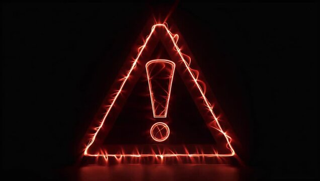 Intense 4K red neon warning icon of exclamation mark triangle designed as looping alert or danger signal for high tech or emergency visuals