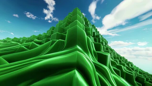 Abstract 4K architectural landscape featuring green cubic structures forming fluid dynamic wave against gradient backdrop showcasing smooth motion and continuous flow of digital energy