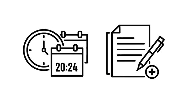 Time management and document signing icons: calendar, clock, and pen, plus sign