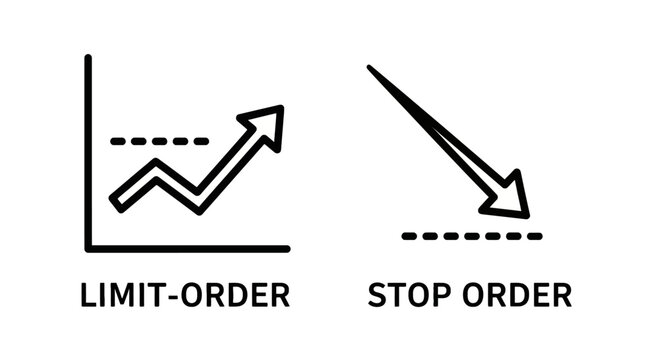 Trading order icons: limit order graph and stop order downward trend with line art