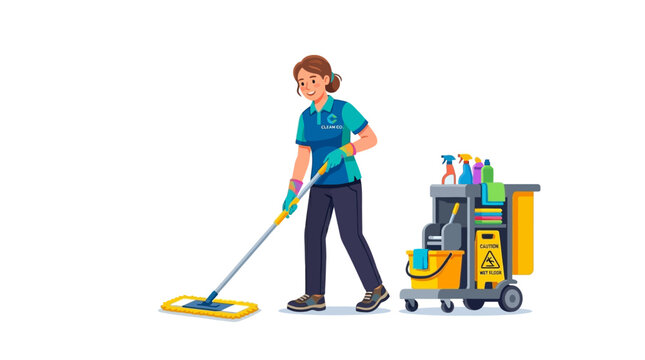 Woman cleaning floor with mop and cart.