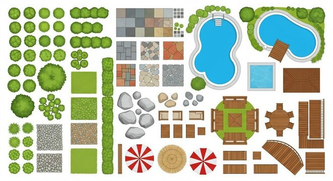 Garden landscape design elements top view icons for outdoor backyard planning and park architecture
