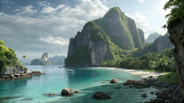 A breathtaking tropical bay with pristine white sand beach and turquoise water framed by majestic limestone cliffs covered in lush green vegetation under bright sunny sky