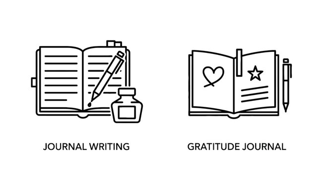 Journal writing and gratitude journal icons, simple line art for diary, planning, and personal reflection, black and white