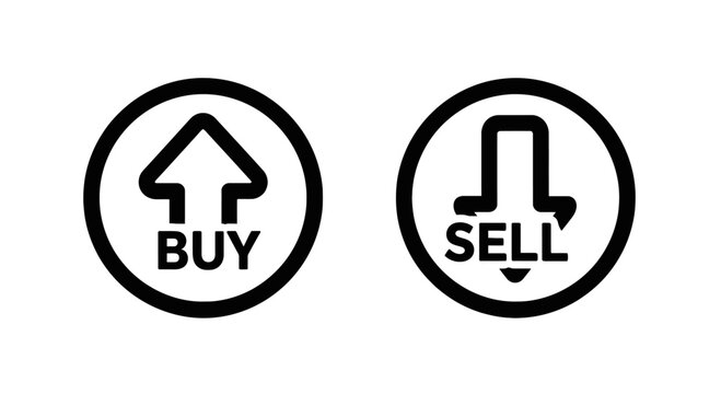 Buy and sell icons with up and down arrows in circles, finance and trading symbols, stock market
