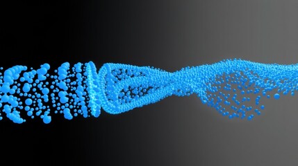 Fototapeta premium Blue particles disperse, forming tunnel shape. Gradient background provides contrast, suggesting motion, energy flow.