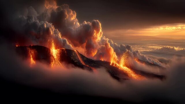 Outdoor exploration adventure. A dramatic portrayal of a volcanic eruption. The main subject is a molten lava flow cascading down a rocky outcrop, surrounded by thick, white clouds.
