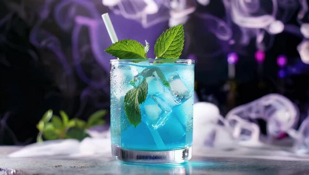 Refreshing blue summer cocktail with ice cubes mint and straw set against smoky abstract background for cool and sophisticated beverage advertisement