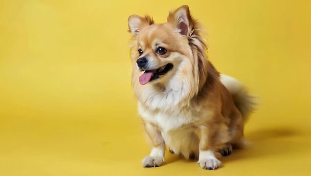 Adorable pet photography featuring fluffy cheerful Pomeranian dog sitting against solid bright yellow background showcasing its golden fur for family oriented advertisements and animal content