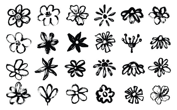 Grunge Brush Doodle Flowers Icon Set. Scribble ink chamomile flowers. Paintbrush hand drawn flowers head, dry ink painted, creative markers and crayons vector botany floral elements set 