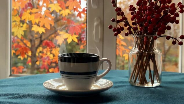 Inviting 4K autumn scene featuring steaming cup of coffee by window with fall leaves and berries capturing high quality cozy and warm domestic atmosphere