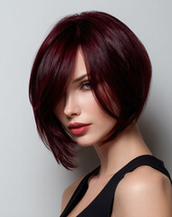 Fototapeta premium Beautiful Young Woman with Modern Asymmetric Bob Hairstyle Dyed in Deep Burgundy Red Wine Color, Professional Studio Beauty Portrait with Vibrant Shiny Hair and Elegant Makeup on Gray Background