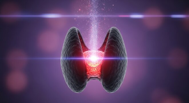  Ilustra&ccedil;&atilde;o 3D abstrata da gl&acirc;ndula tireoide com part&iacute;culas de energia brilhante, conceito de sa&uacute;de end&oacute;crina e metabolismo