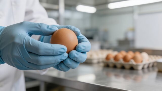 A person in a white lab coat and blue gloves holds a brown egg in a kitchen setting. Egg cartons are visible in the background.
