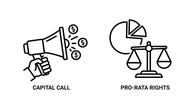 Megaphone for capital call and scales of justice for pro-rata rights business finance icons with pie chart