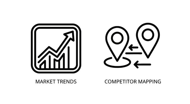 Market trends and competitor mapping icons for business strategy and analysis with upward trend