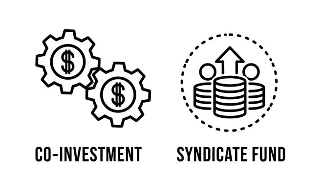 Finance icons: co-investment gears and syndicate fund stack of coins with arrow with co investment