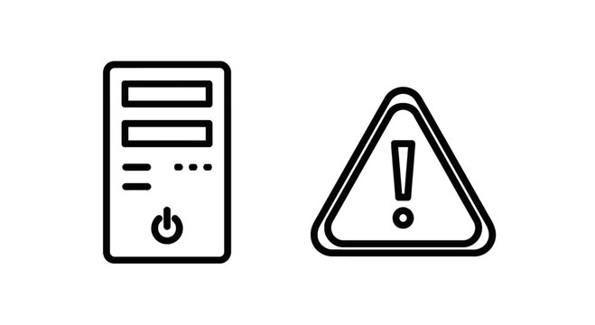 Computer error warning icons: server tower and alert triangle with exclamation mark with data center