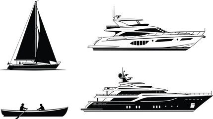 Boat silhouettes collection vector illustration, sailboat, luxury yacht, motor yacht and rowing boat isolated on white background, marine transport set © Liton Roy