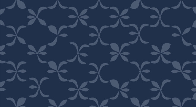 Deep navy blue pattern featuring dark slate gray stylized leaf motifs arranged in repeating quatrefoil structures for sophisticated corporate brand identity