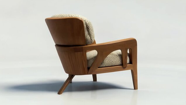Scandinavian 3D render of mid century fabric upholstery chair with wooden base rotating on white background for professional interior design catalog