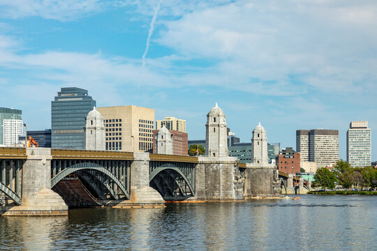 skyline of Boston seen from river Charles with longfellow bridge